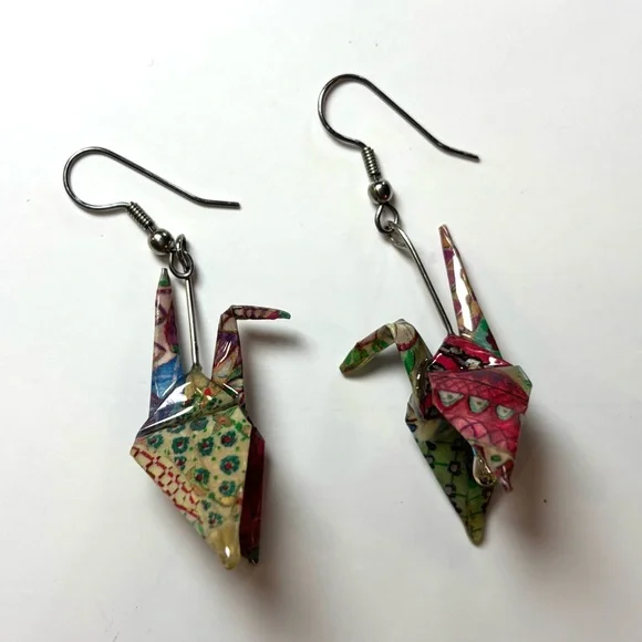 Origami Crane Bird Colorful Earrings- Boho Jeweled Dangling - Picture 3 of 5
